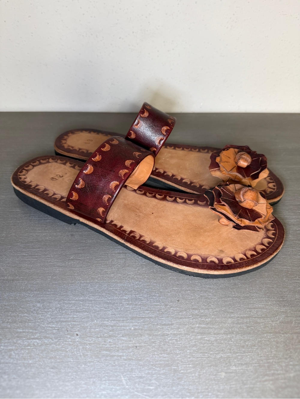 Handmade Leather Sandals Floral Toe Thong Caribbean Slip On Mexico Greek Strappy - Picture 1 of 8